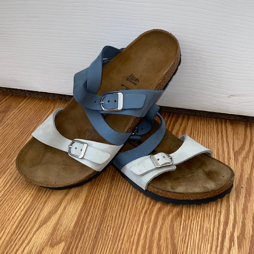 Birkenstock Leather Dove Blue/Mineral Two-Strap Sandals